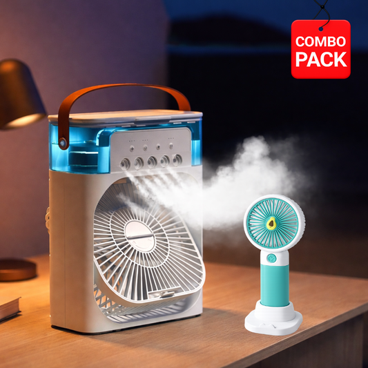 Ultimate Summer Cooling Combo – Portable Air Cooler & Rechargeable Mini Fan (Pack of 2)
